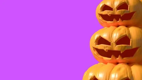 Stacked Spooky Jack O Lantern Pumpkins on Vibrant Pink Background 3d render. Stock Photos