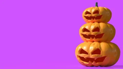 Stacked Spooky Jack O Lantern Pumpkins on Vibrant Pink Background 3d render. Stock Photos