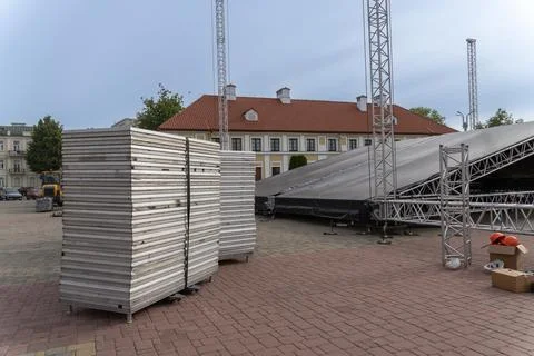 Stacked stage platform sections and metal trusses 写真素材