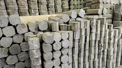 Stacked stone blocks in workshop Stock Photos