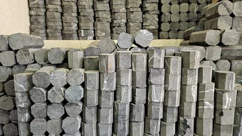 Stacked stone blocks in workshop Stock Photos