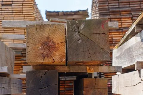 Stacked Structural Timber Beams in German Lumber Yard 스톡 사진