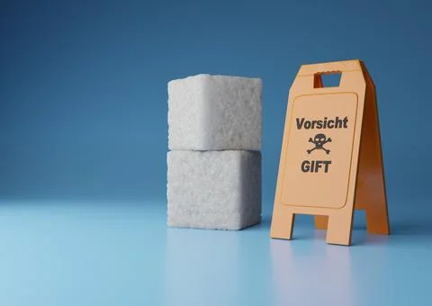 Stacked sugar cubes with a warning sign German Text Caution Poison 库存插图
