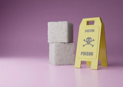 Stacked sugar cubes with a warning sign Caution Poison Stock Illustration