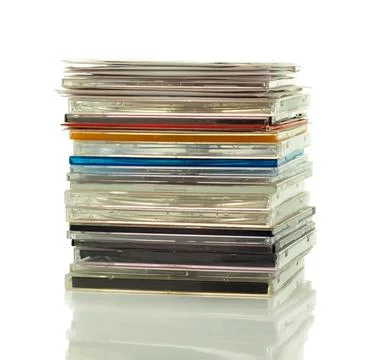 Stacked transparent CD cases with colored labels isolated Stock Photos