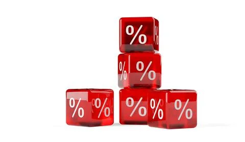 Stacked transparent red cubes or dice with percent sign symbol on white bac.. 스톡 일러스트