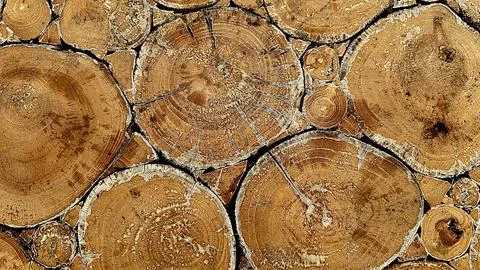 Stacked Tree Log Cross Sections with Natural Wood Texture Stockfoto's