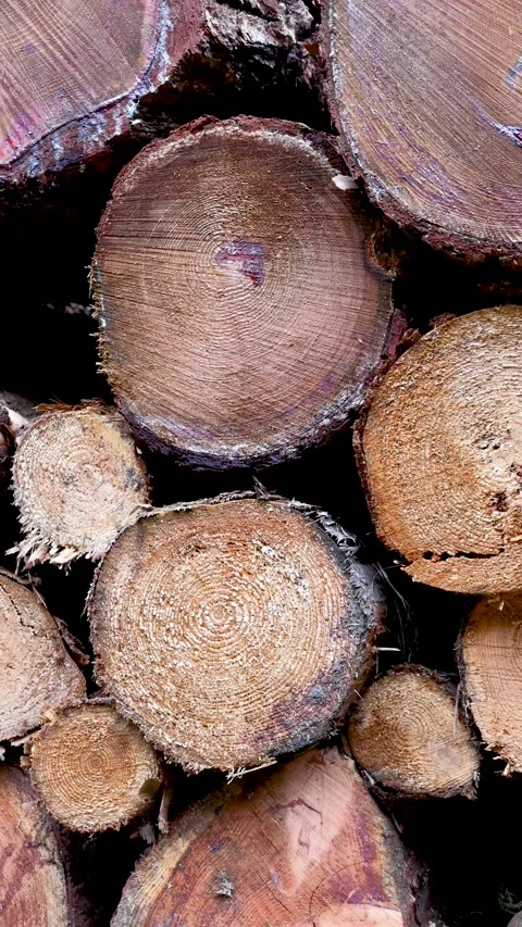Stacked Tree Logs with Visible Growth Rings Close Up. vertical video Stock Footage 345644597