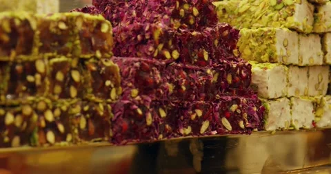 Stacked Turkish Delight Cubes With Pistachios On Display Stock Footage 339631352