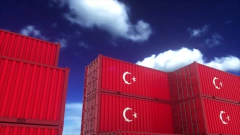 Stacked Turkish Shipping Containers Under Dramatic Blue Sky Stock Footage 331370399