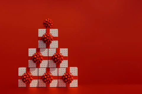 Stacked white gift boxes with red ribbons on red background for christmas. Illustrazione stock