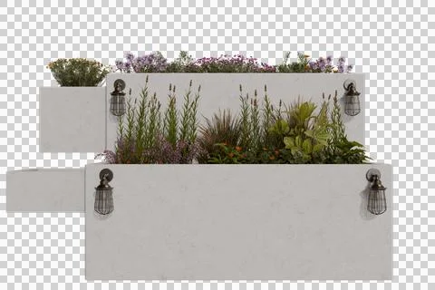 Stacked white planter boxes with various plants and vintage-style lights Stock Illustration