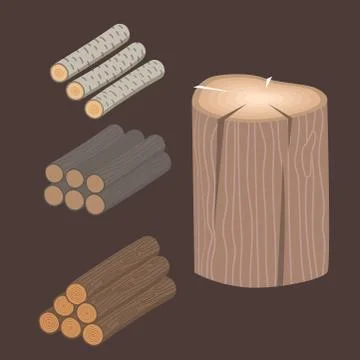 Stacked wood pine timber for construction building cut stump lumber tree bark Stock Illustration