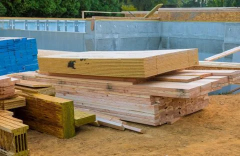 Stacked wooden building materials a stack of boards wood frame and beam const 스톡 사진