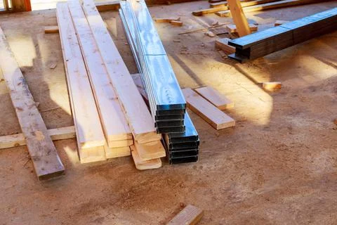 Stacked wooden building materials a stack of wood frame and beam construction 写真素材