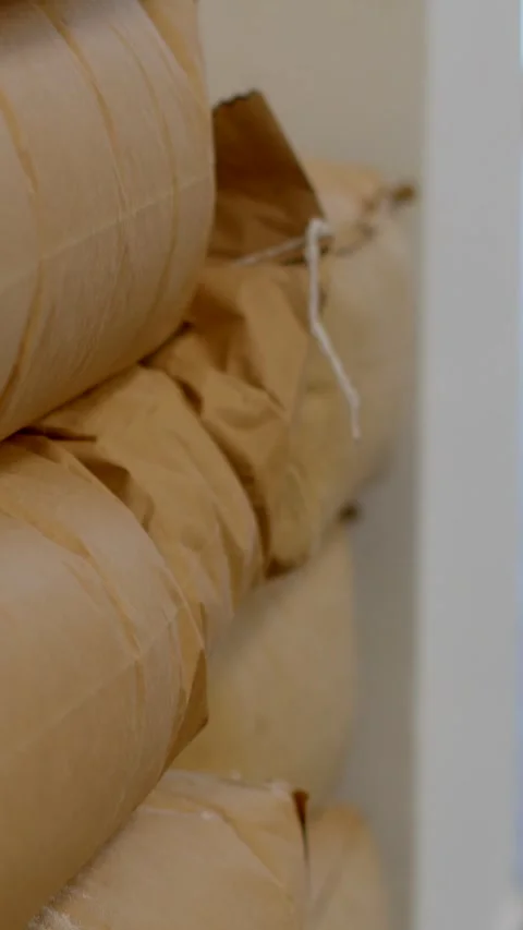 Stacked wrapped baguettes on bakery shelf, warm vertical bread view closeup Видео 344574956