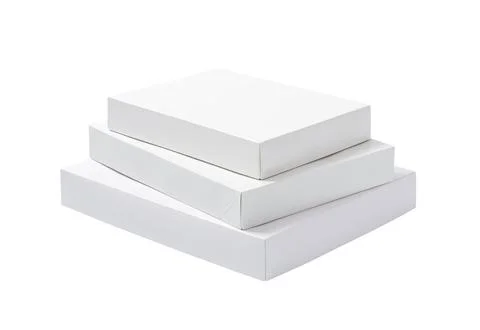 Stacking of blank white mock up boxes on white background. Foto stock