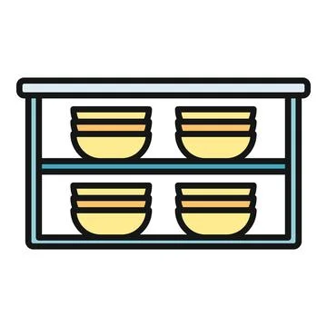 Stacking bowls on kitchen cupboard shelf icon Stock Illustration