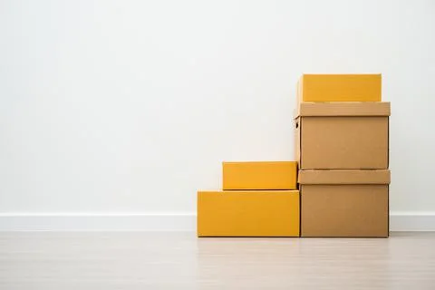 Stacking of box parcel cardboard mock up on blank space white background. 스톡 사진
