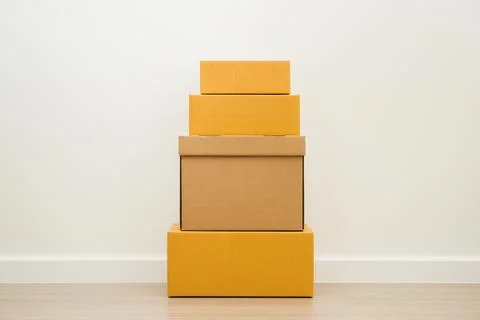Stacking of box parcel cardboard mock up on blank space white background. 写真素材