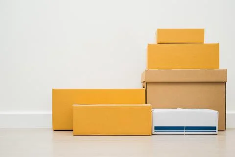 Stacking of box parcel cardboard mock up on blank space white background. 写真素材