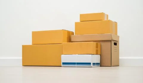 Stacking of box parcel cardboard mock up on blank space white background. 写真素材