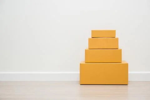 Stacking of box parcel cardboard mock up on blank space white background. 스톡 사진