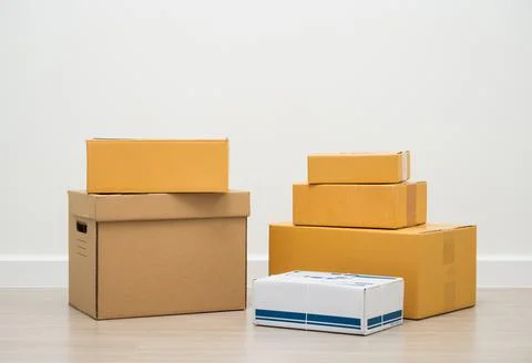 Stacking of box parcel cardboard mock up on blank space white background. 写真素材