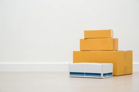 Stacking of box parcel cardboard mock up on blank space white background. 写真素材