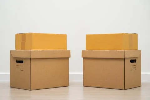 Stacking of box parcel cardboard mock up on blank space white background. 스톡 사진