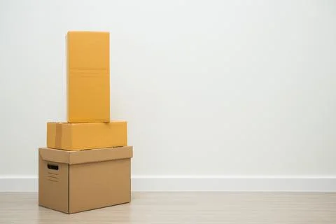 Stacking of box parcel cardboard mock up on blank space white background. 스톡 사진