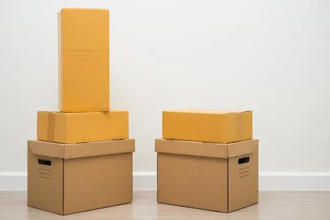 Stacking of box parcel cardboard mock up on blank space white background. 写真素材