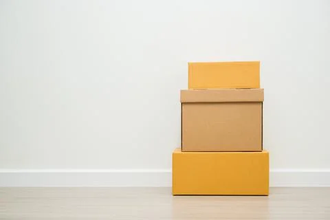 Stacking of box parcel cardboard mock up on blank space white background. 写真素材