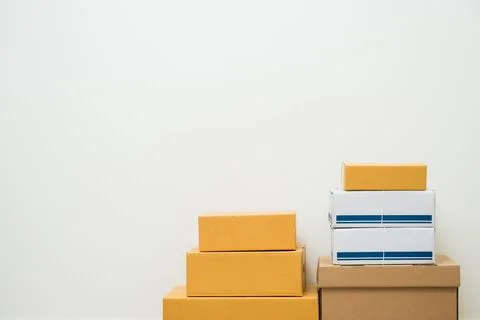 Stacking of box parcel cardboard mock up on blank space white background. 写真素材