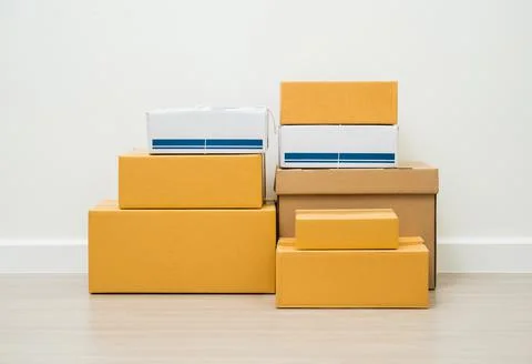 Stacking of box parcel cardboard mock up on blank space white background. 스톡 사진