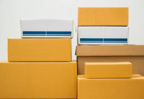 Stacking of box parcel cardboard mock up on blank space white background. 写真素材