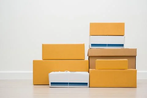 Stacking of box parcel cardboard mock up on blank space white background. 写真素材