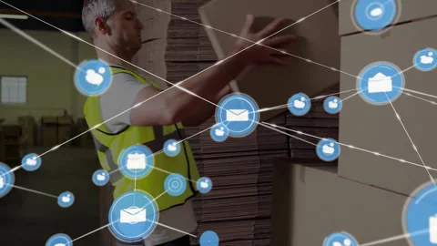 Stacking boxes in warehouse, worker with network connections animation overlaid Stock Footage 303684672