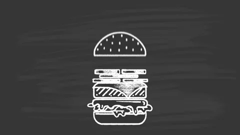 Stacking of burger ingredients hand drawn chalk on a black board. Stock Footage 89790008