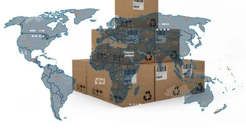 Stacking cardboard shipping boxes into pyramid over blue world map overlay, with Foto stock