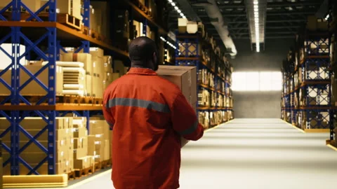Stacking cargo pallets, black warehouse worker, in distribution hub space Stock Footage 332908535