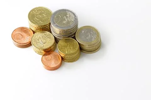 Stacking coins isolated on white background 스톡 사진