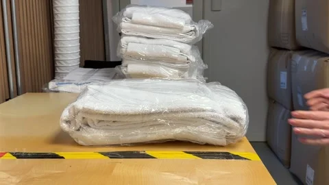 Stacking fresh bed linen on table Stock-Footage 335589488