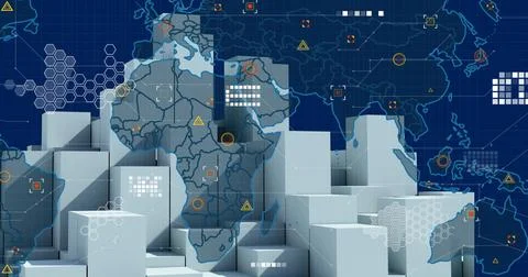 Stacking light gray cuboid blocks on dark blue grid, with world map and network Foto stock