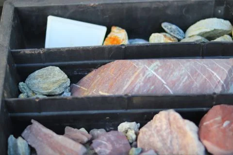 Stacking of old ore samples in the tray Stock Photos