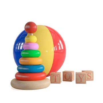 A stacking pyramid toy next to blocks, 3d rendering Stockillustratie