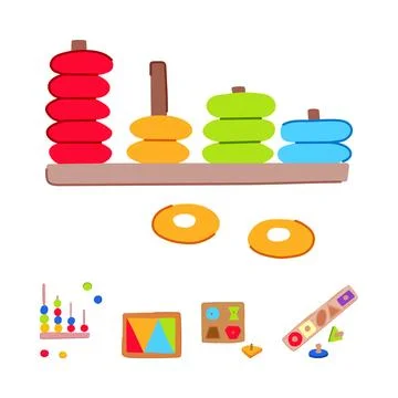 Stacking rings and shape sorters improving early learning Stock Illustration