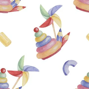 Stacking rings tower, pinwheel and crayons seamless pattern. Colored pencils Stock Illustration