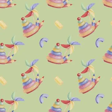 Stacking rings tower, pinwheel and crayons seamless pattern. Colored pencils Stock Illustration