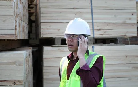 Stacking wood and workman Foto stock